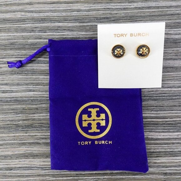 Tory Burch Melodie Pearl Logo Stud Dome Earrings Black/Tory Gold OS - Picture 10 of 13